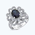 Pırlanta Safir Oval Çiçek Yüzük