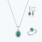 Yeşil Taşlı Altın Üçlü Oval Set