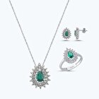 Yeşil Taşlı Altın Üçlü Damla Set