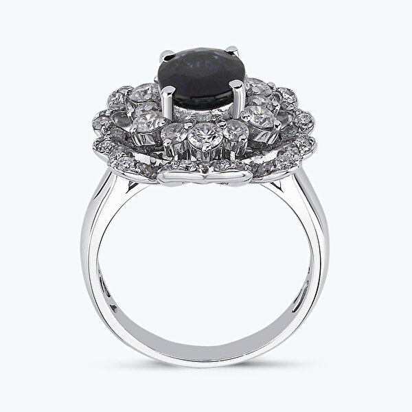 3.58 Karat Pırlanta Safir Oval Çiçek Yüzük