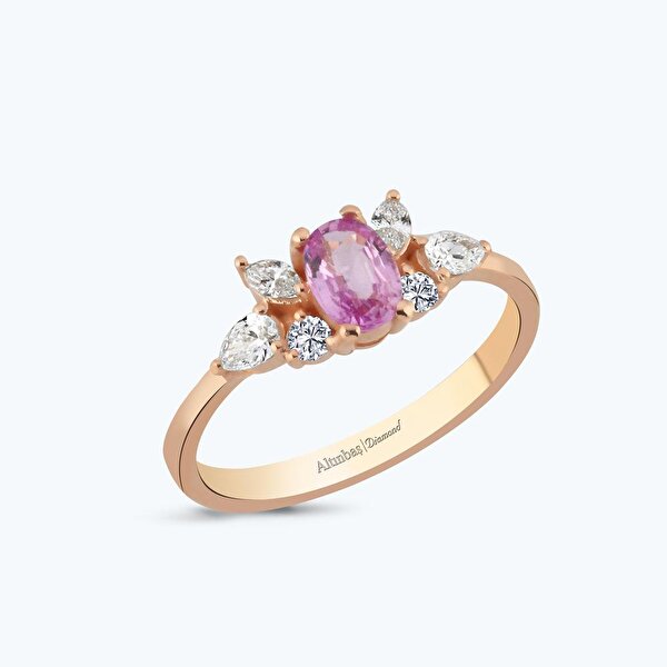 0.95 Karat Pırlanta Pembe Safir Oval Yüzük