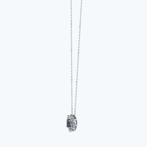 0.05 Karat Pırlanta Safir Oval Çiçek Kolye