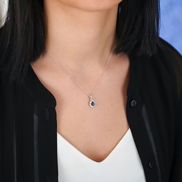 0.50 Karat Pırlanta Safir Damla Kolye