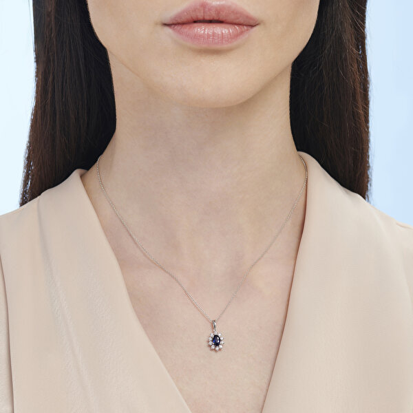 0.59 Karat Pırlanta Safir Oval Kolye