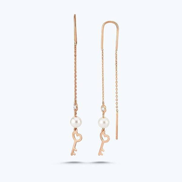 0.04 Karat Pırlanta İncili Anahtar Küpe