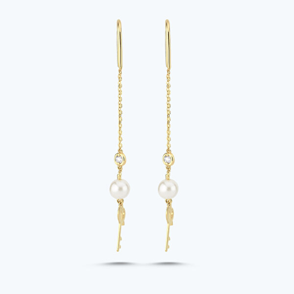 0.03 Karat Pırlanta İncili Anahtar Kalp Küpe