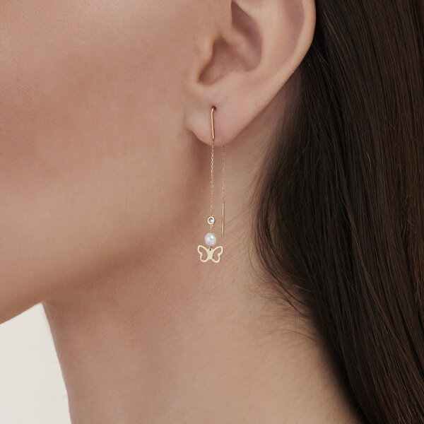 0.03 Karat Pırlanta İncili Kelebek Küpe