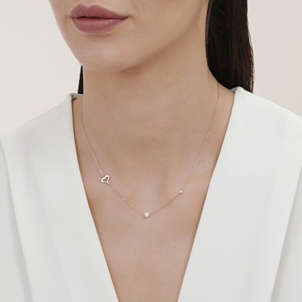 0.02 Karat Pırlanta İncili Kalp Kolye