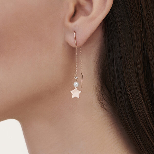 0.04 Karat Pırlanta İncili Yıldız Küpe