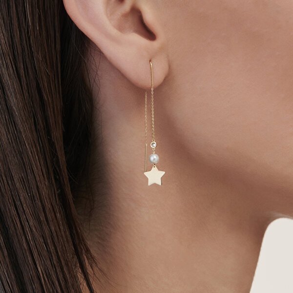 0.03 Karat Pırlanta İncili Yıldız Küpe