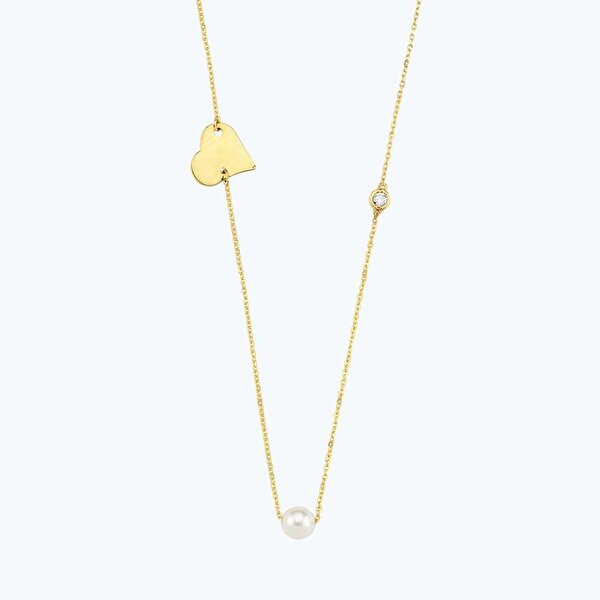 0.02 Karat Pırlanta İncili Kalp Kolye