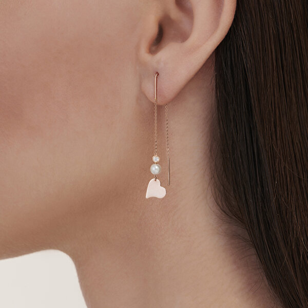 0.04 Karat Pırlanta İncili Kalp Küpe