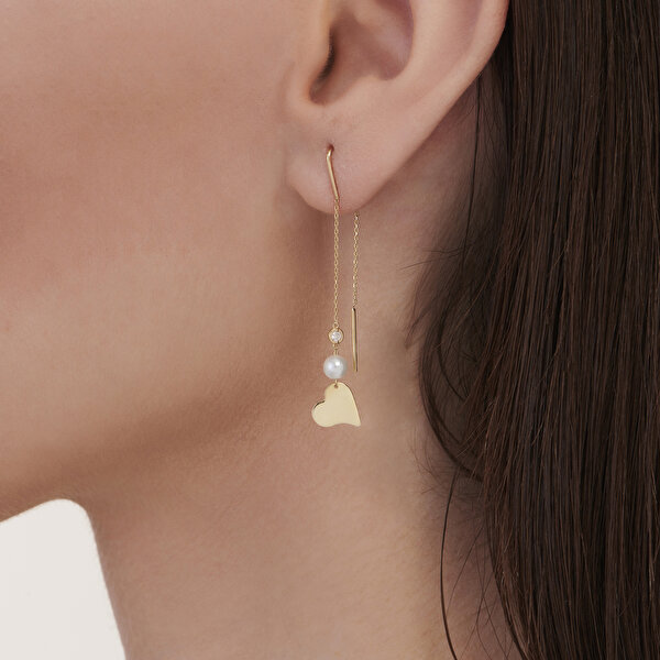 0.04 Karat Pırlanta İncili Kalp Küpe