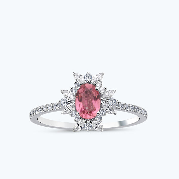 0.71 Karat Pırlanta Turmalin Taşlı Oval Yüzük