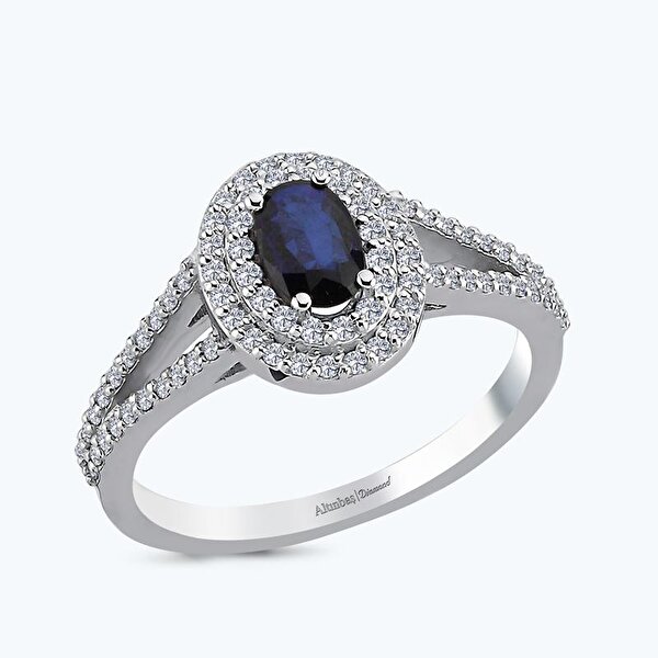0.71 Karat Pırlanta Safir Oval Yüzük