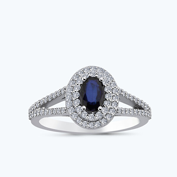 0.71 Karat Pırlanta Safir Oval Yüzük