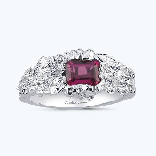 0.09 Karat Pırlanta Rhodolite Emerald Kesim Yüzük