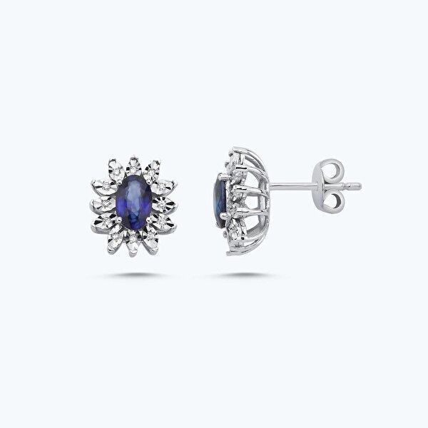 0.06 Karat Pırlanta Safir Oval Küpe