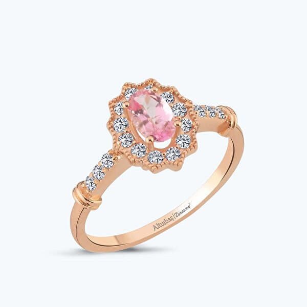 0.25 Karat Pırlanta Pembe Safir Oval Yüzük