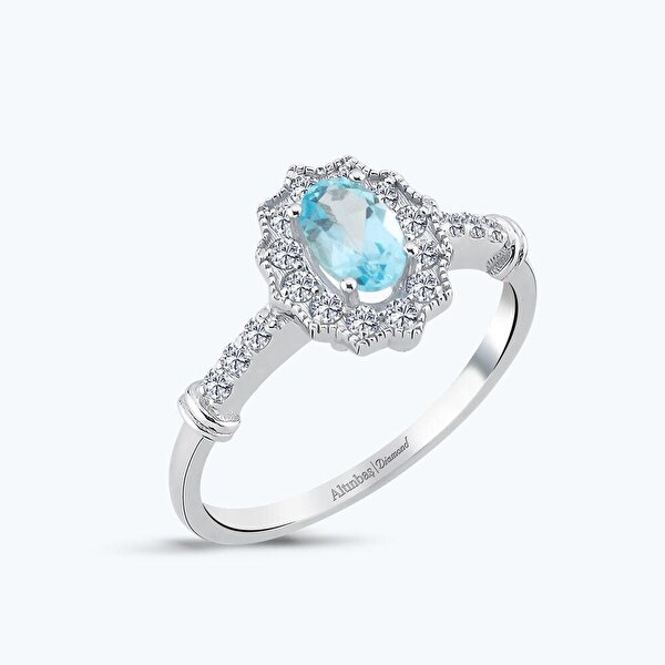 0.25 Karat Pırlanta Mavi Topaz Oval Yüzük