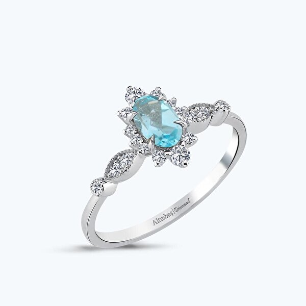 0.20 Karat Pırlanta Mavi Topaz Oval Yüzük