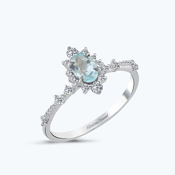 0.20 Karat Pırlanta Mavi Topaz Oval Yüzük
