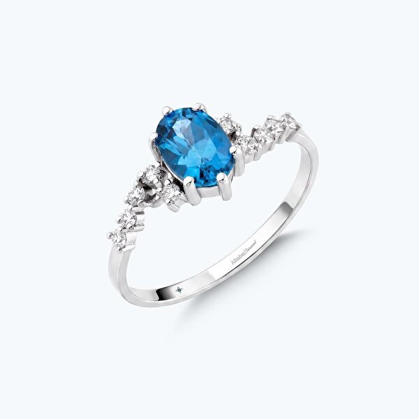 0.16 Karat Pırlanta Mavi Topaz Oval Yüzük