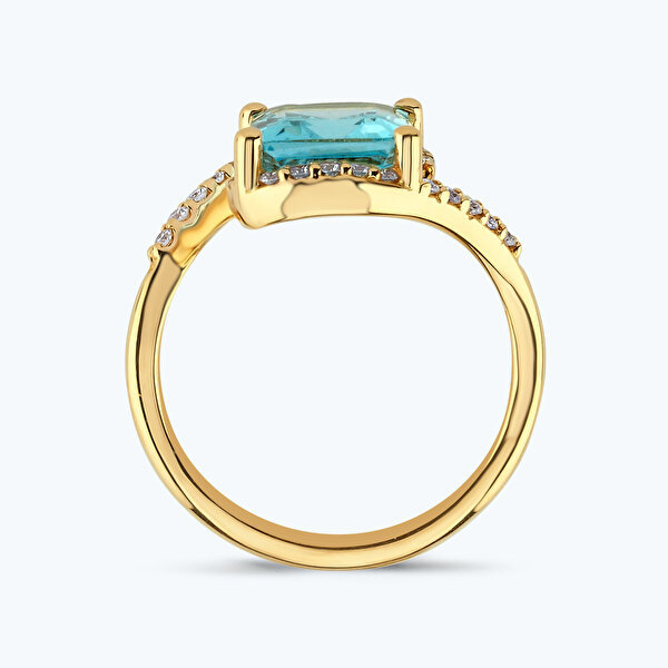 0.22 Karat Pırlanta Mavi Topaz Baget Yüzük