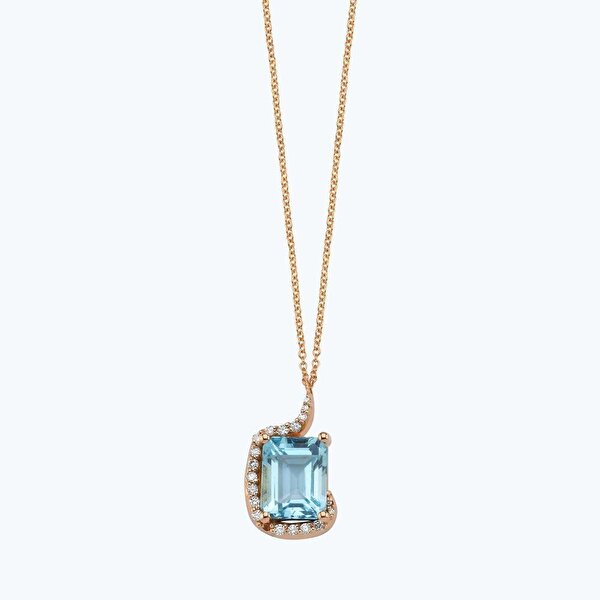 0.16 Karat Pırlanta Mavi Topaz Emerald Kesim Kolye
