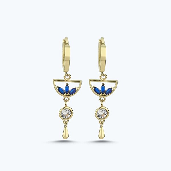 Mavi Taşlı Sallantılı Altın Halka Küpe