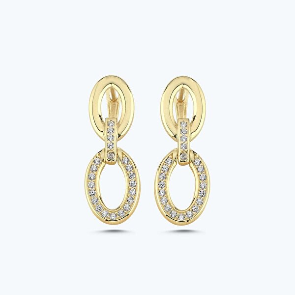 Altın Taşlı Sallantılı Oval Küpe