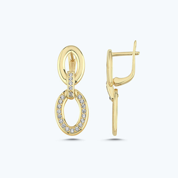 Altın Taşlı Sallantılı Oval Küpe