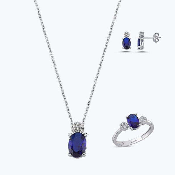 Lacivert Taşlı Altın Oval Set