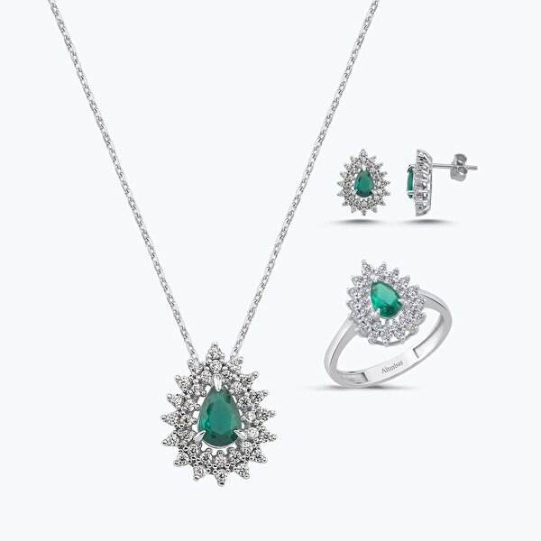 Yeşil Taşlı Altın Üçlü Damla Set