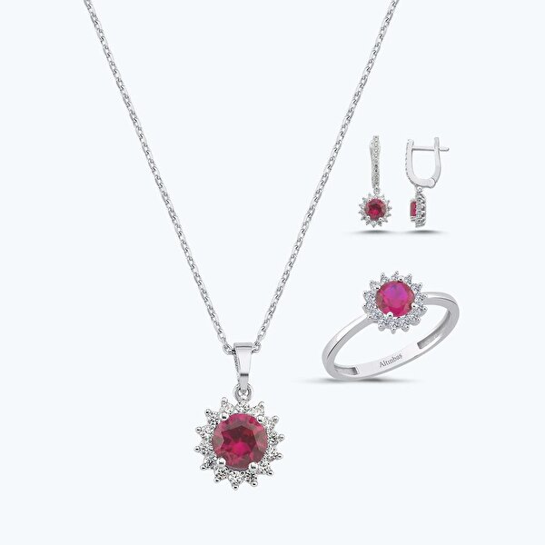 Kırmızı Taşlı Altın Üçlü Yuvarlak Set