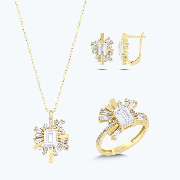 Altın Üçlü Baget Taşlı Set