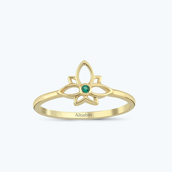 Yeşil Taşlı Altın Lotus Çiçeği Yüzük