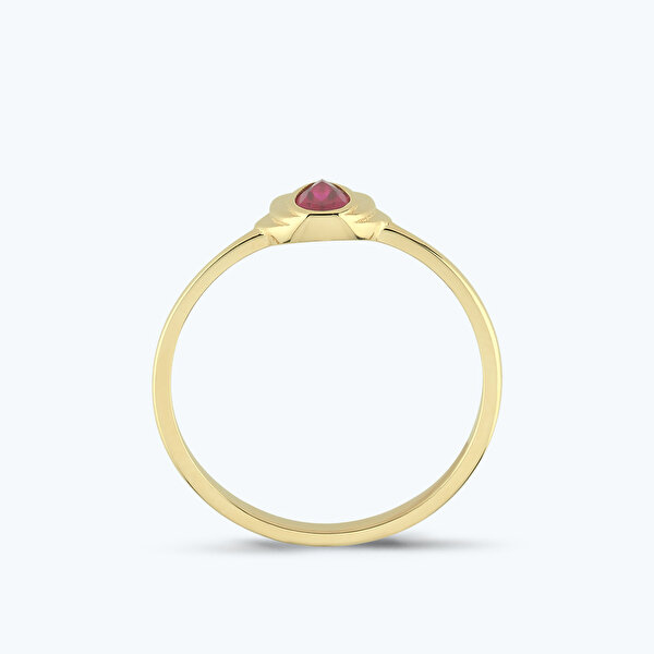 Kırmızı Taşlı Altın Lotus Çiçeği Yüzük