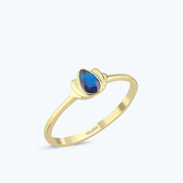 Lacivert Taşlı Altın Lotus Çiçeği Yüzük