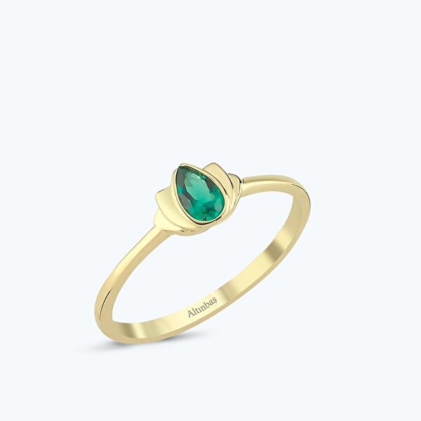 Yeşil Taşlı Altın Lotus Çiçeği Yüzük