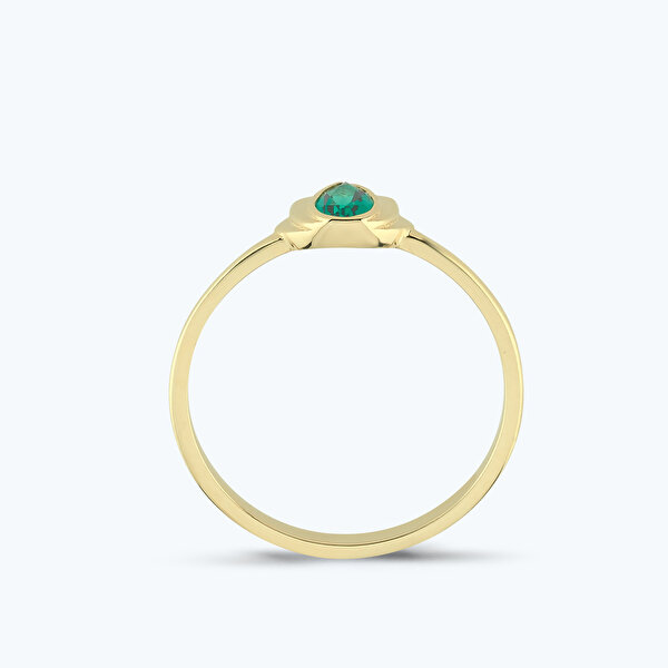 Yeşil Taşlı Altın Lotus Çiçeği Yüzük