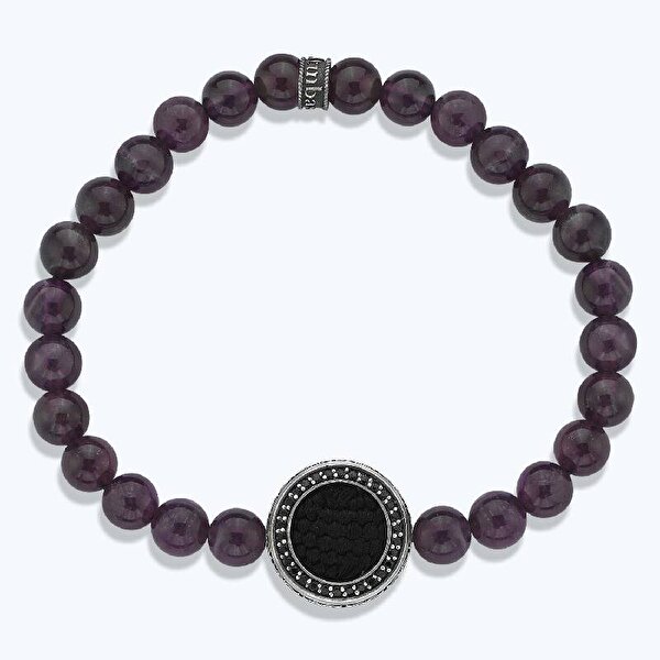 Ametist Taşlı Gümüş Erkek Kiswa Bileklik