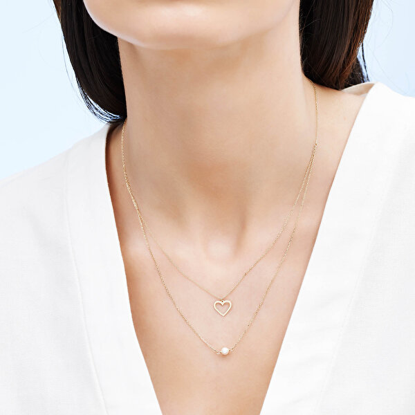 Altın İncili Kalp Kolye