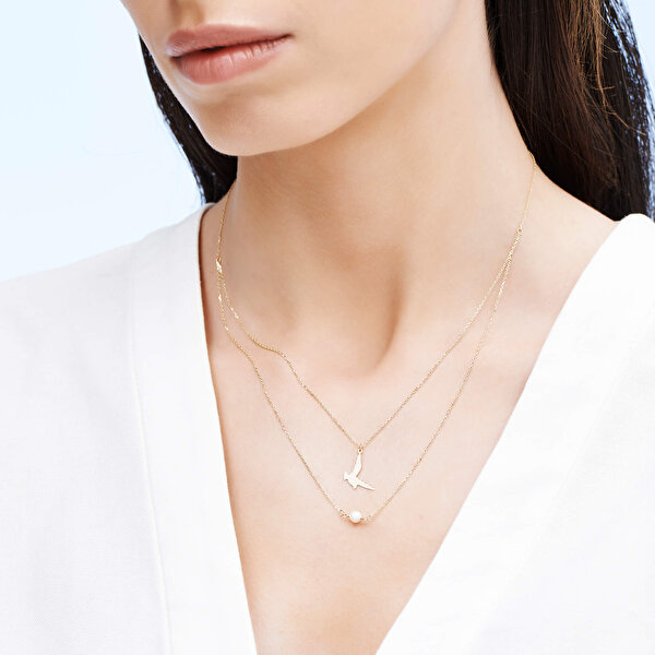 Altın İncili Kuş Kolye