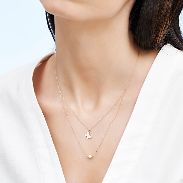 Altın İncili Kelebek Kolye