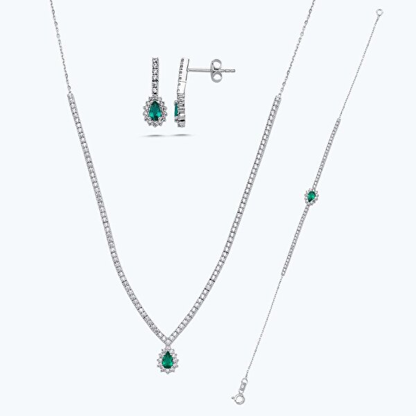 Yeşil Taşlı Altın Üçlü Damla Set