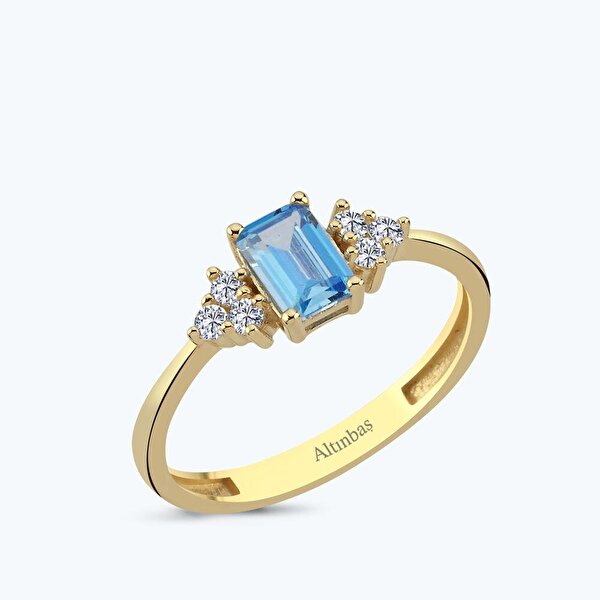 Altın Mavi Taşlı Baget Yüzük