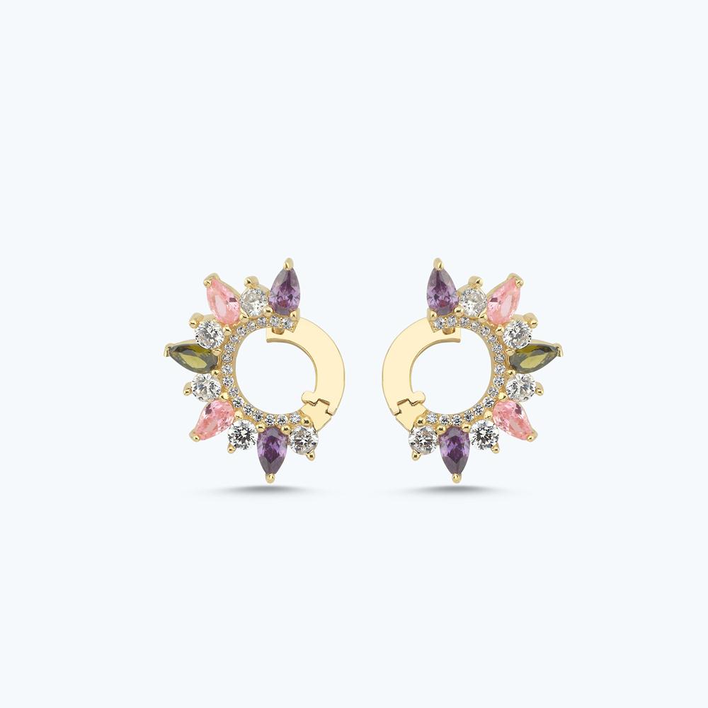 Pembe Taşlı Altın Damla Küpe