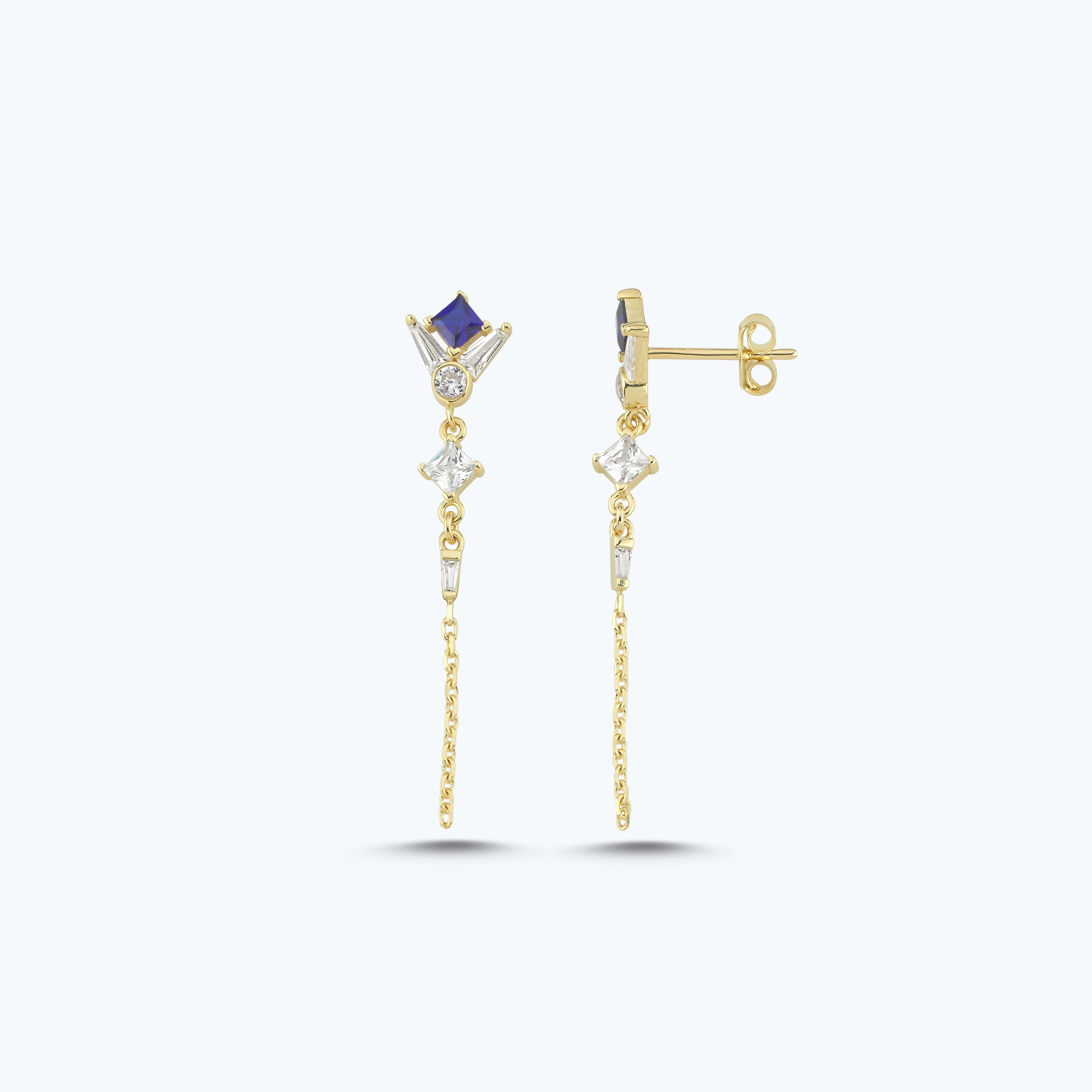 Lacivert Taşlı Altın Sallantılı Küpe